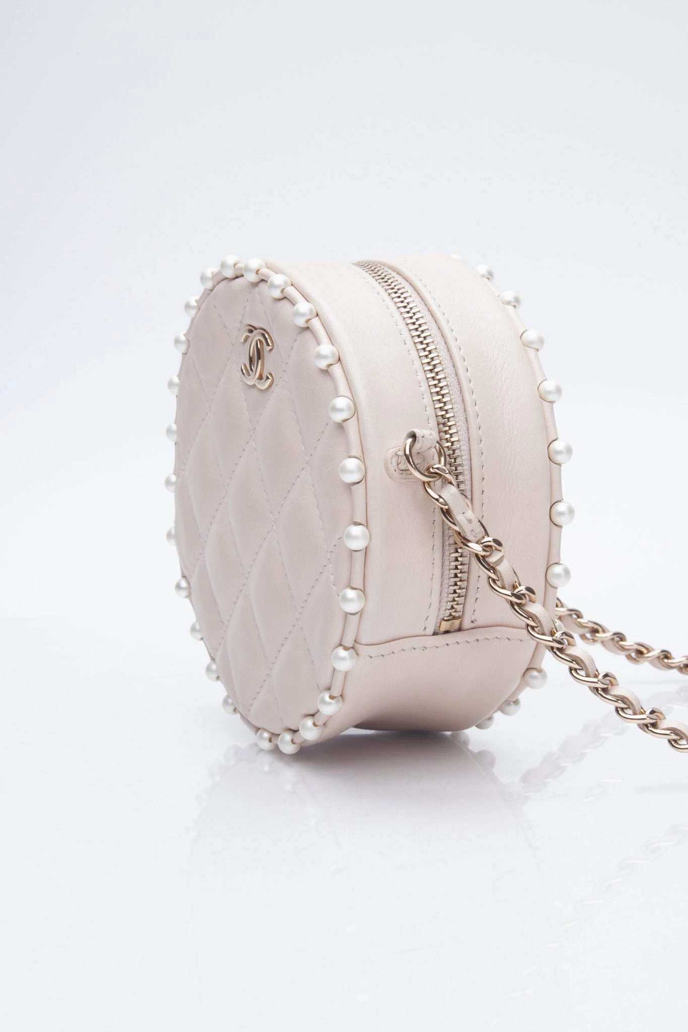 CHANEL Cream Calfskin Quilted Pearl Round Crossbody Bag