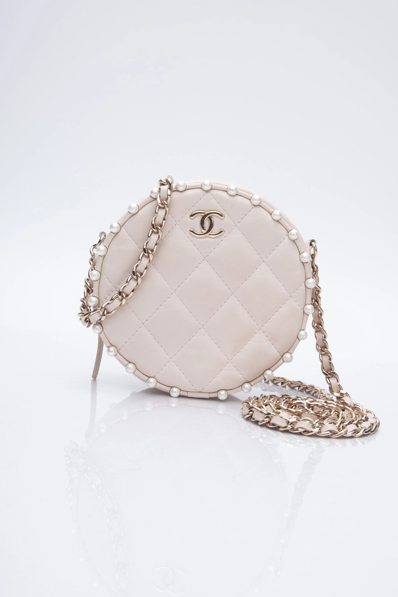 CHANEL Cream Calfskin Quilted Pearl Round Crossbody Bag