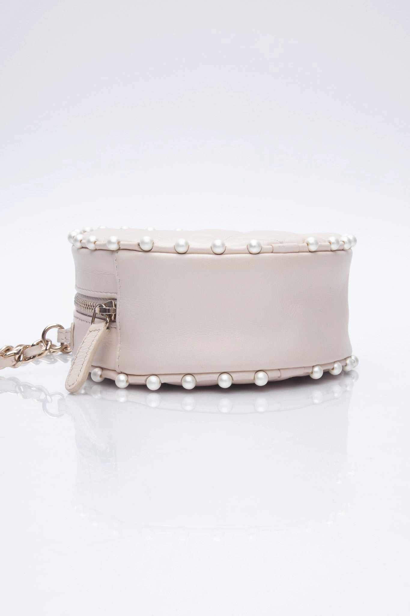 CHANEL Cream Calfskin Quilted Pearl Round Crossbody Bag