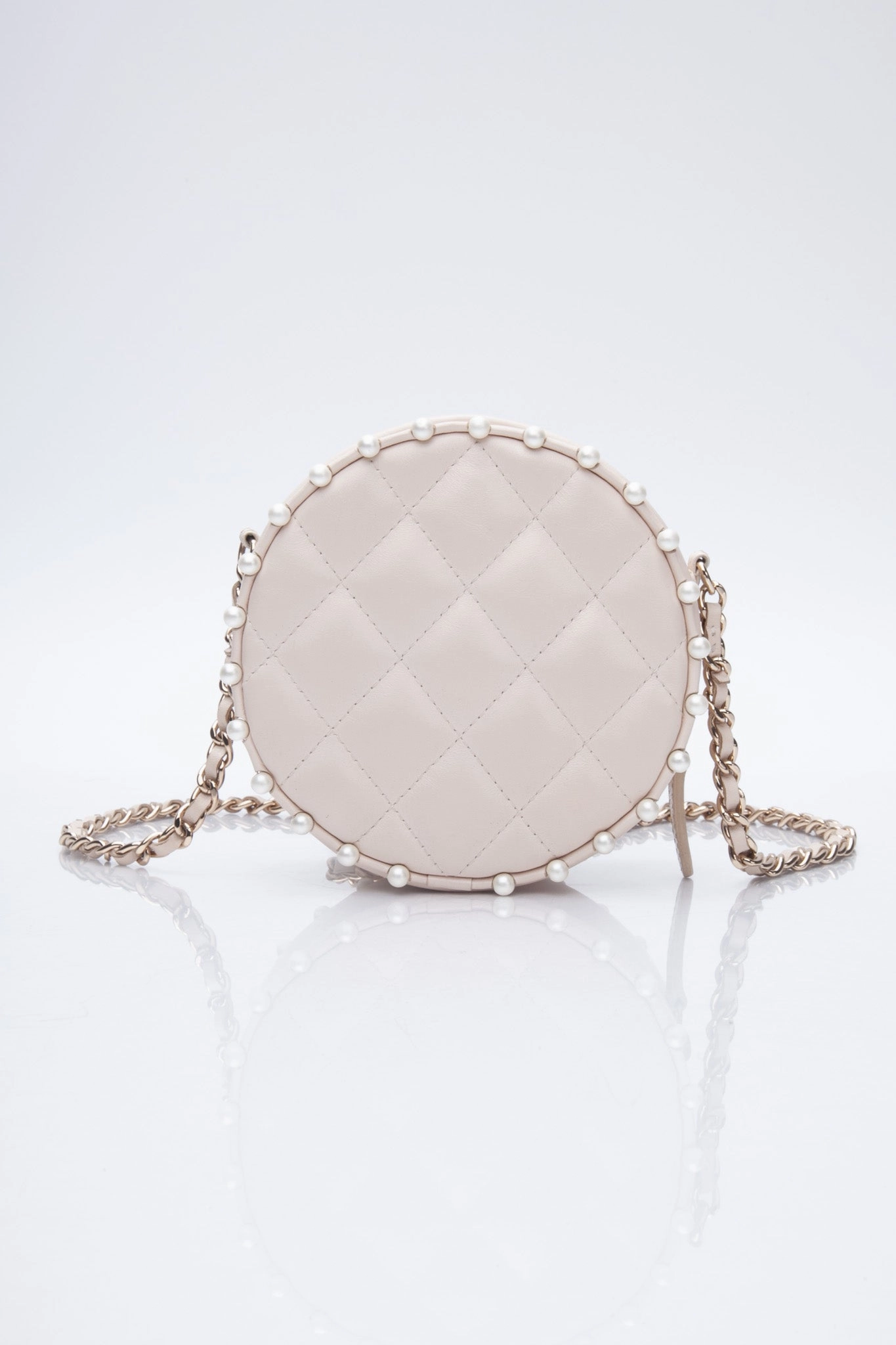 CHANEL Cream Calfskin Quilted Pearl Round Crossbody Bag