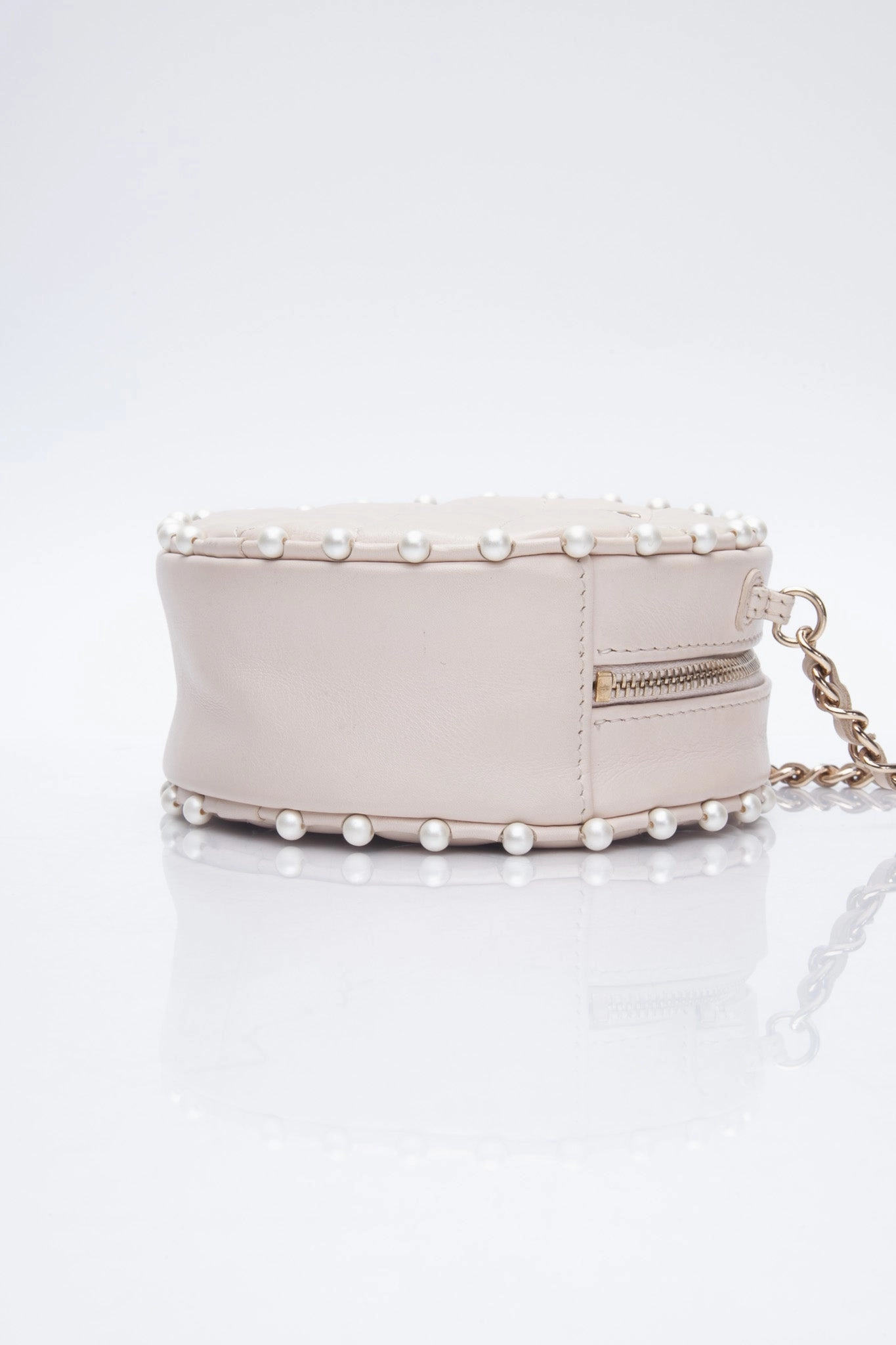 CHANEL Cream Calfskin Quilted Pearl Round Crossbody Bag