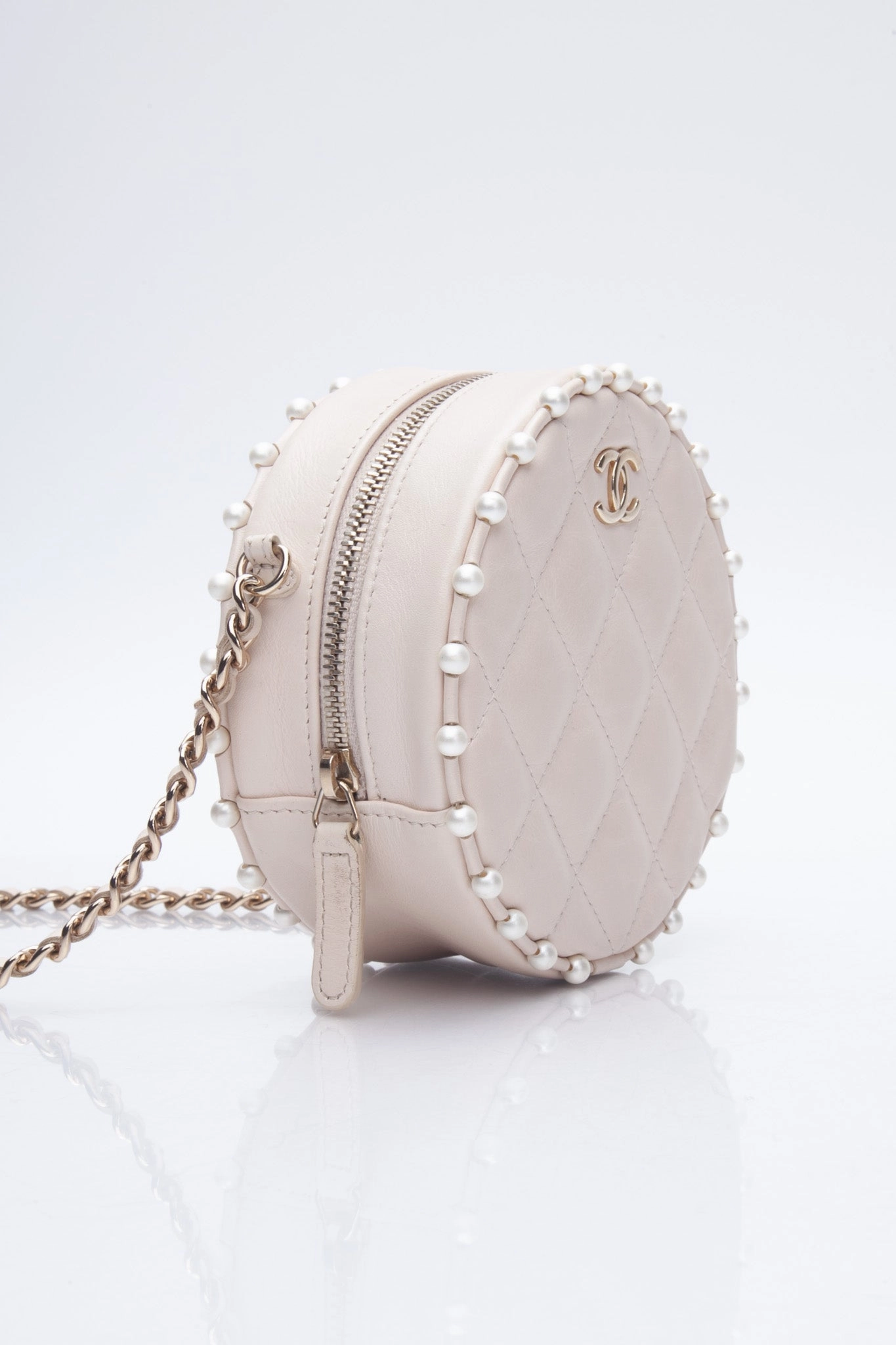 CHANEL Cream Calfskin Quilted Pearl Round Crossbody Bag