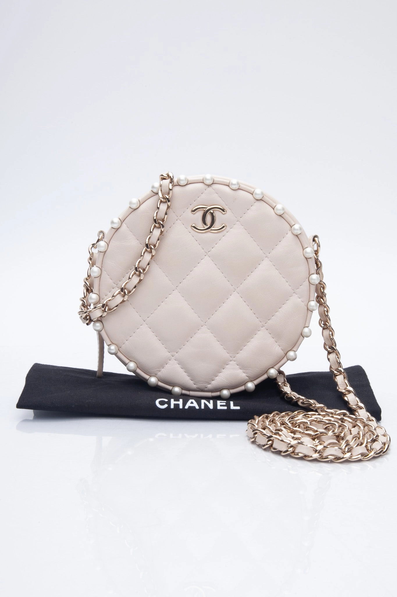 CHANEL Cream Calfskin Quilted Pearl Round Crossbody Bag