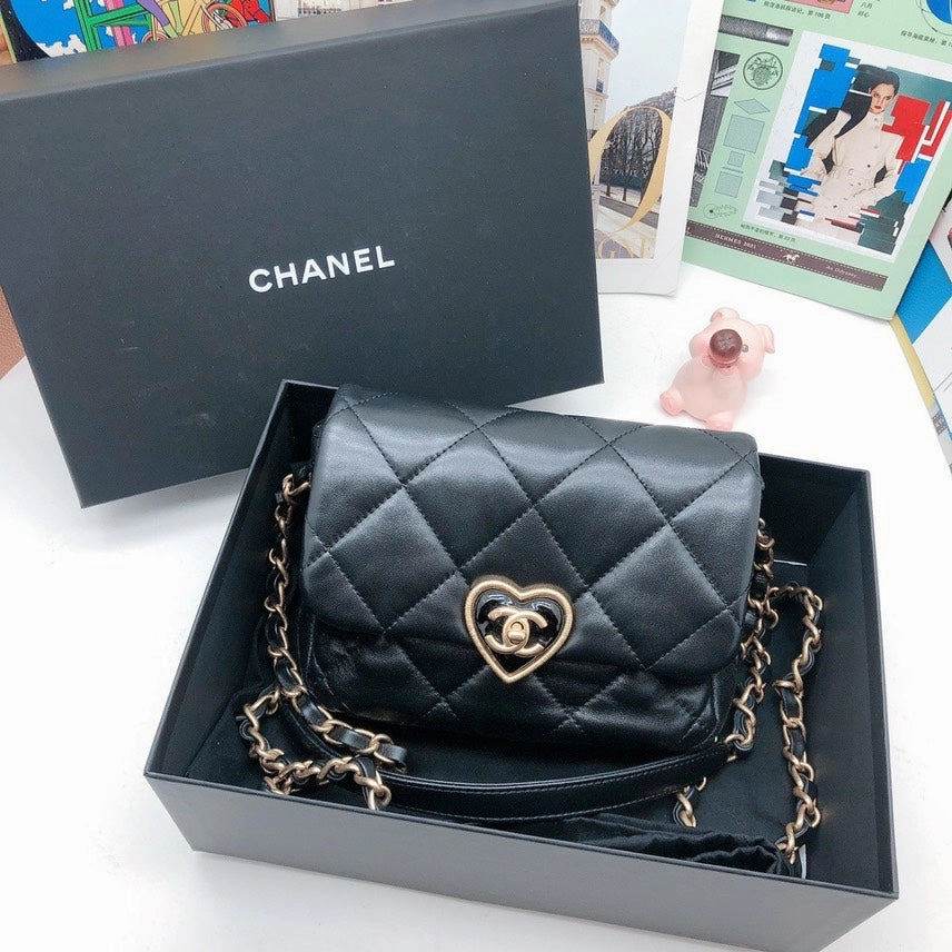 Chanel Heart Clasp Black Quilted Leather Crossbody Bag Medium