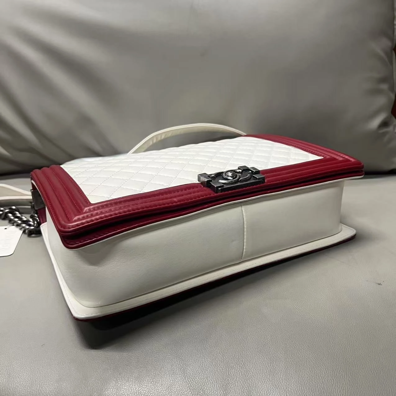 Chanel LeBoy Shoulder Bag in White and Red Leather - Preloved Designer Handbag