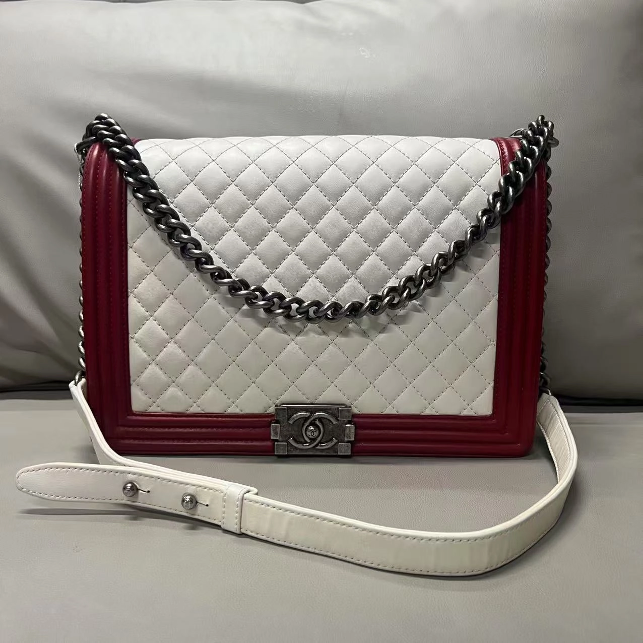 Chanel LeBoy Shoulder Bag in White and Red Leather - Preloved Designer Handbag