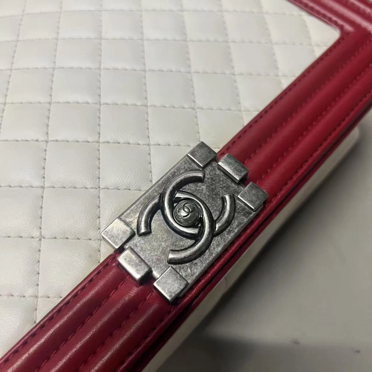 Chanel LeBoy Shoulder Bag in White and Red Leather - Preloved Designer Handbag