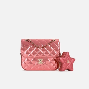Chanel Mini Flap Bag & Star Coin Purse Metallic Pink Patent CGHW