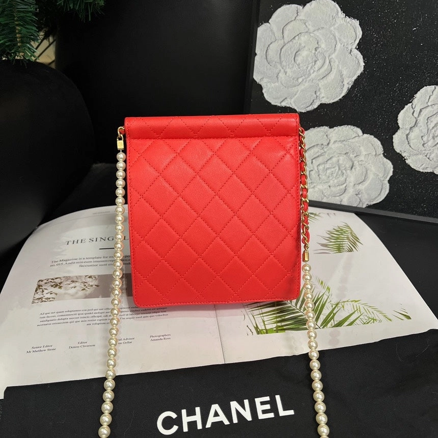 Chanel Red Gold Pearl Chain Mobile Phone Crossbody Bag