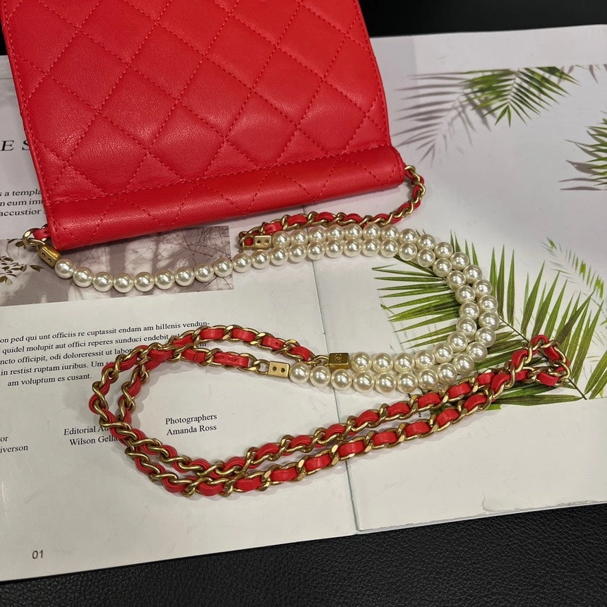 Chanel Red Gold Pearl Chain Mobile Phone Crossbody Bag