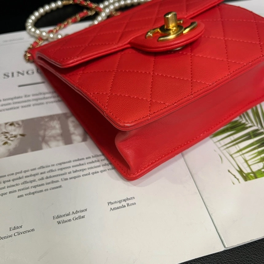 Chanel Red Gold Pearl Chain Mobile Phone Crossbody Bag