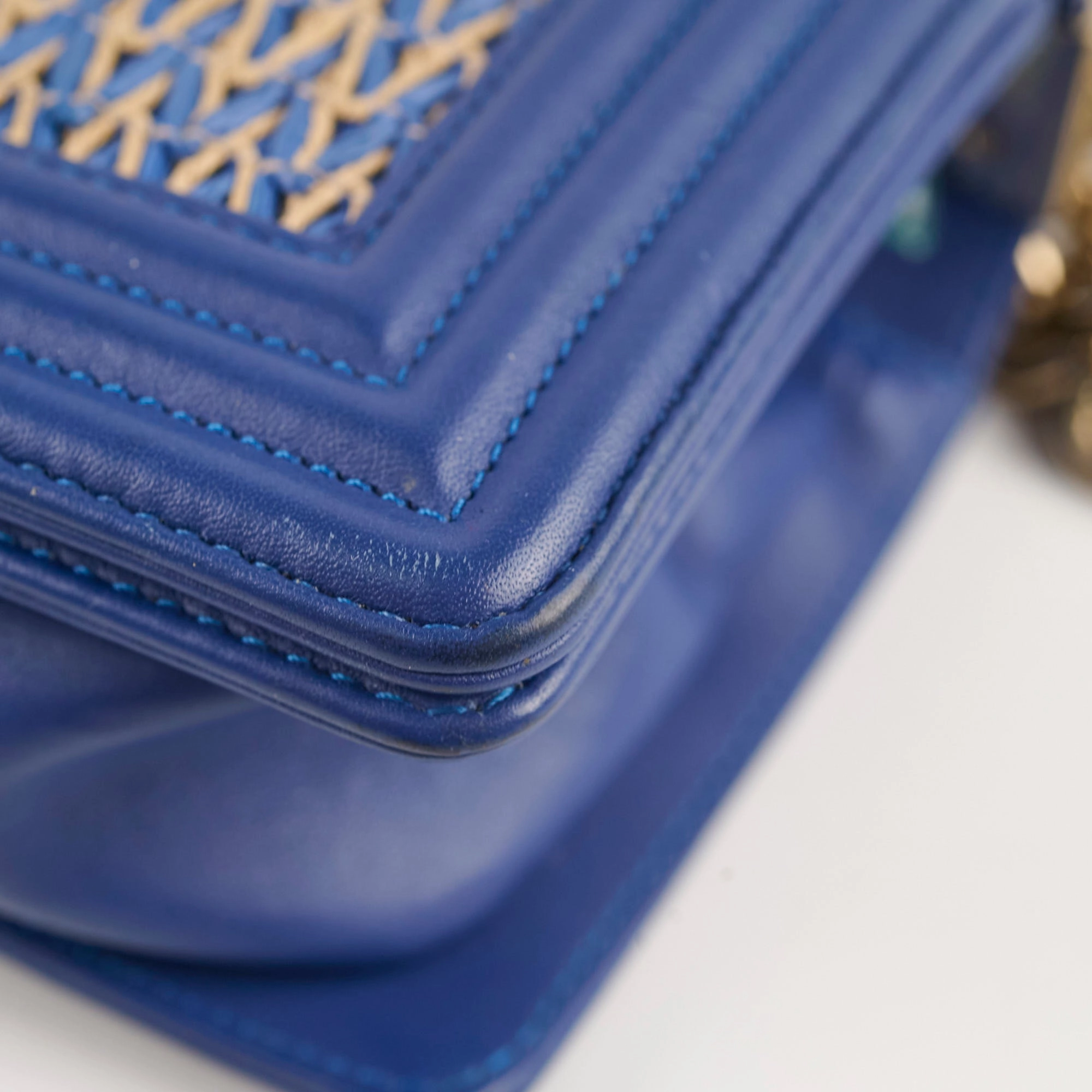 Chanel Small Boy Navy Raffia Crossbody Bag