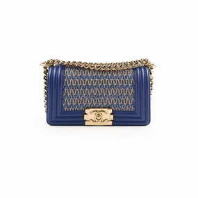 Chanel Small Boy Navy Raffia Crossbody Bag
