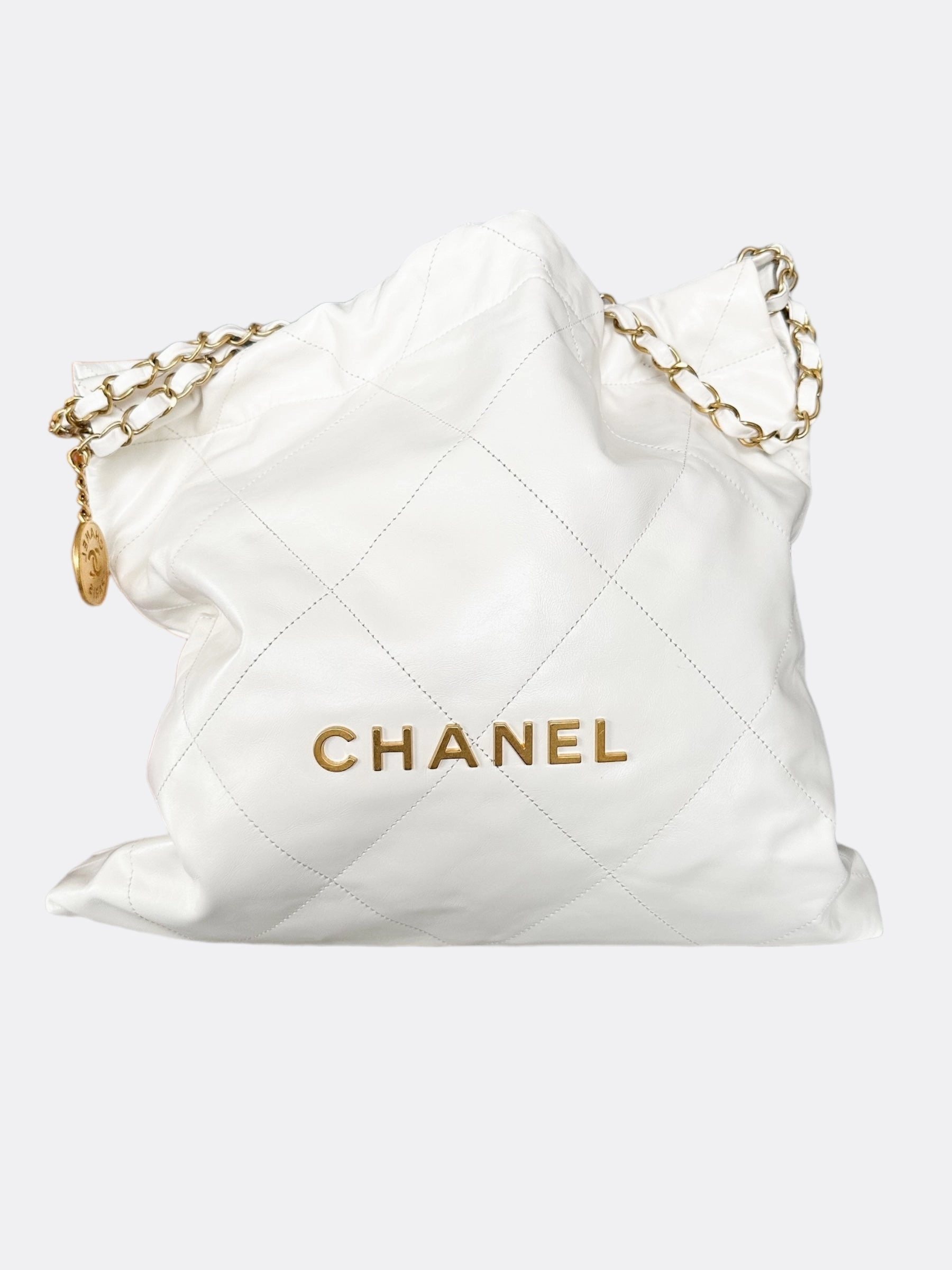 Chanel White & Gold Quilted Calfskin 22 Bag