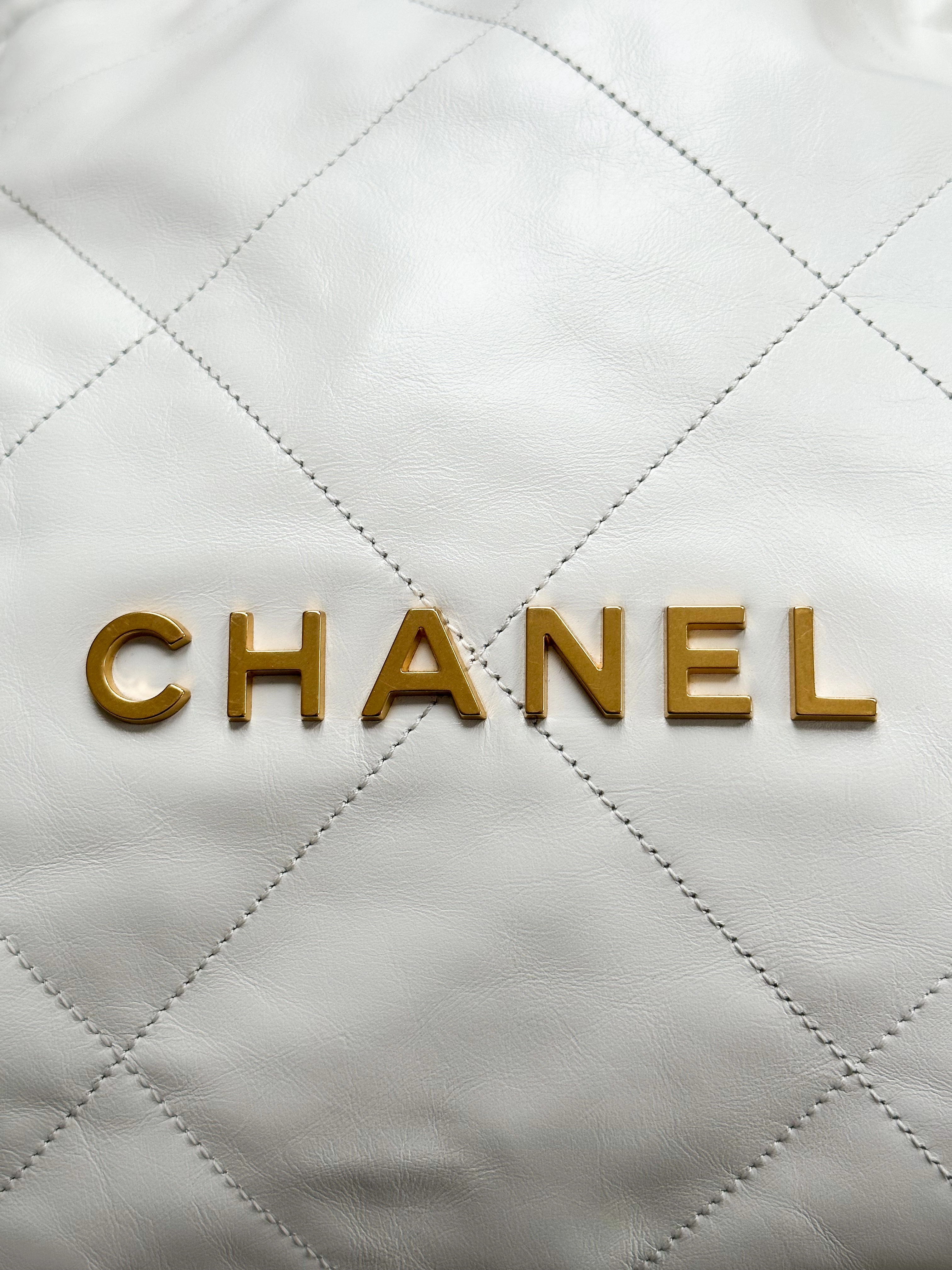 Chanel White & Gold Quilted Calfskin 22 Bag