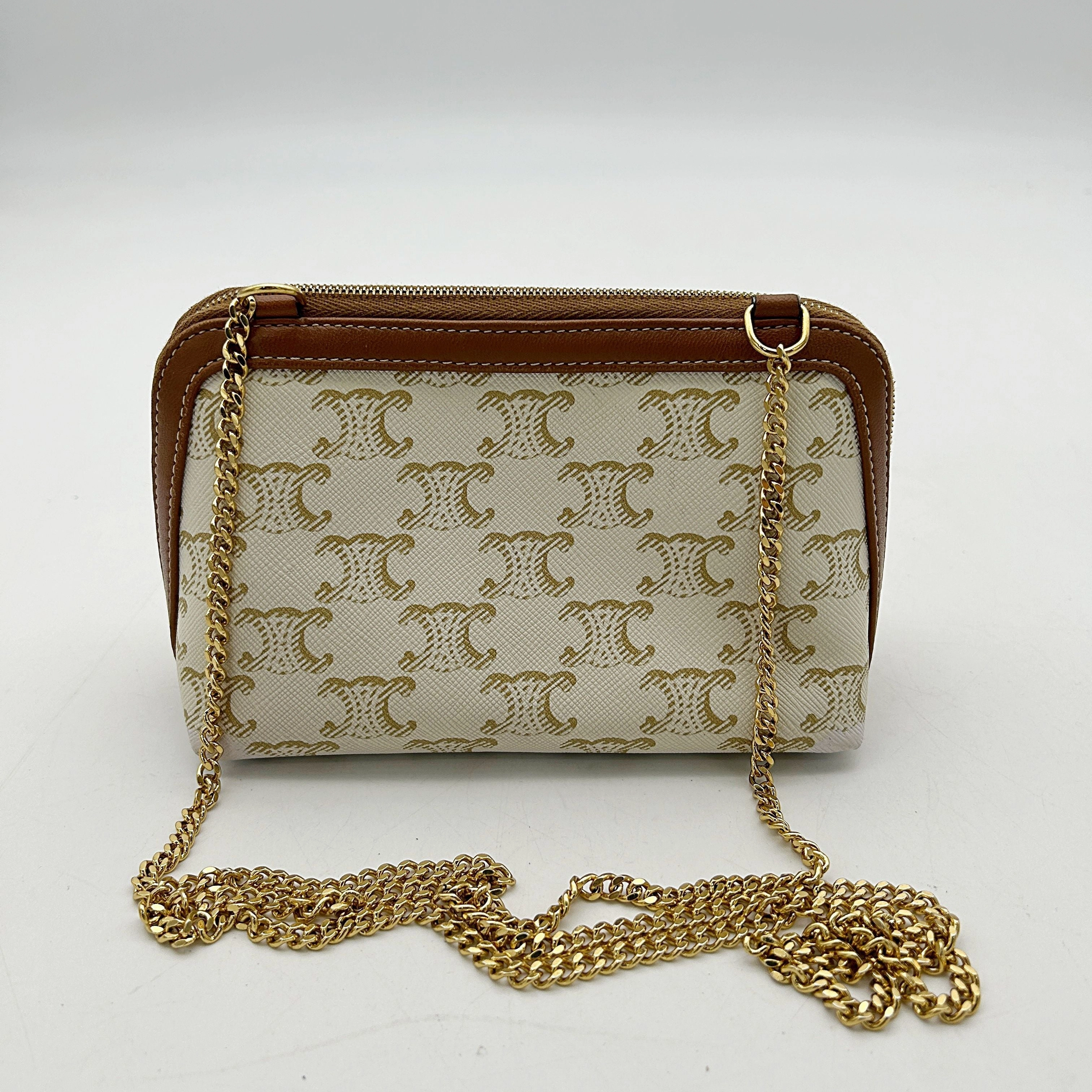 Cline Cream Celine Triomphe Clutch On Chain Crossbody Bag Leather LA41893