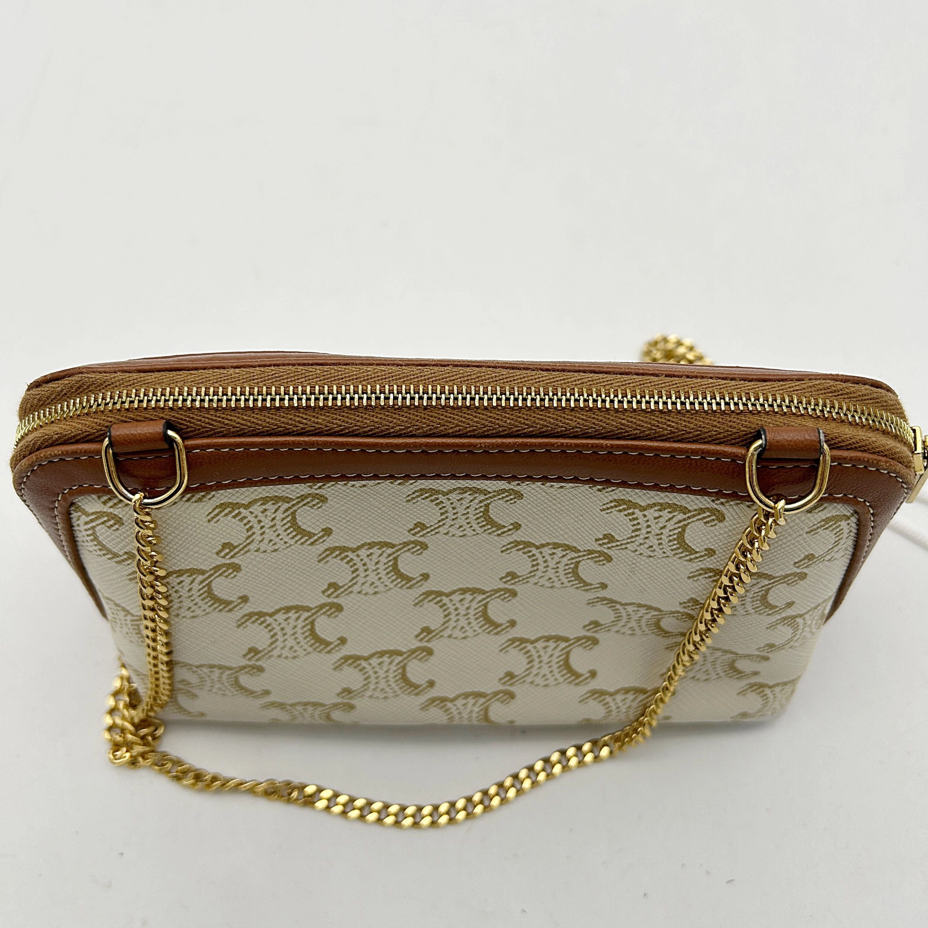 Cline Cream Celine Triomphe Clutch On Chain Crossbody Bag Leather LA41893