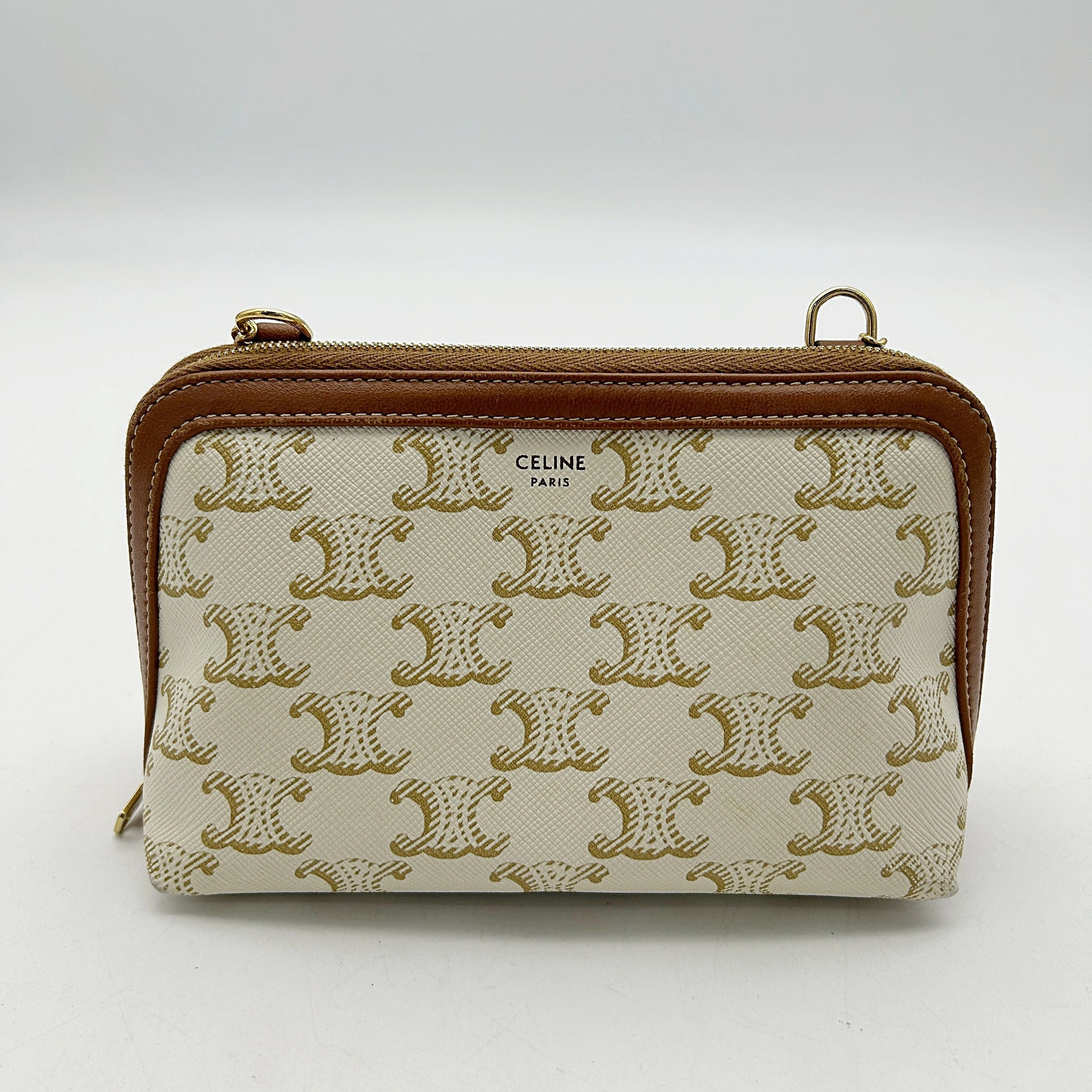 Cline Cream Celine Triomphe Clutch On Chain Crossbody Bag Leather LA41893