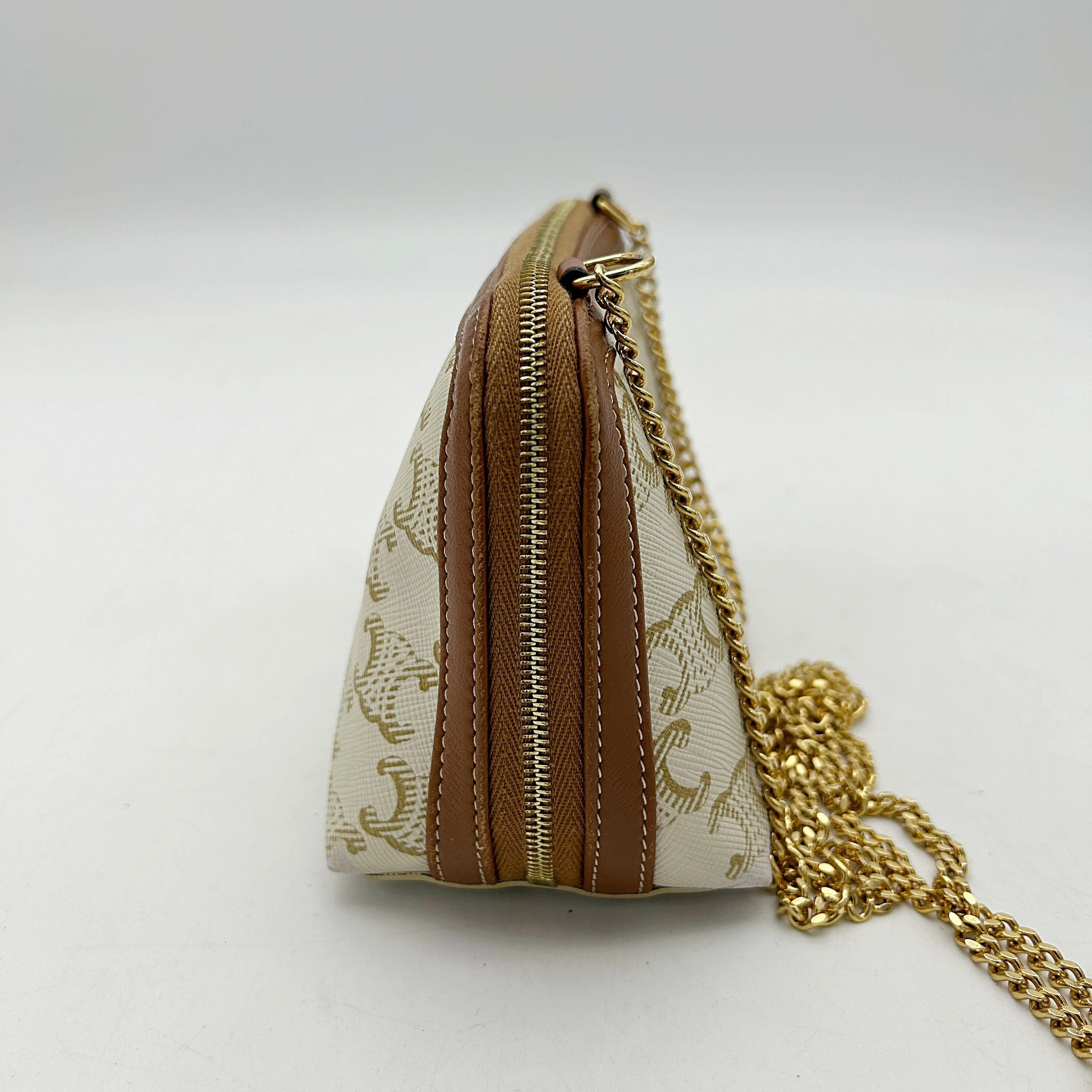 Cline Cream Celine Triomphe Clutch On Chain Crossbody Bag Leather LA41893