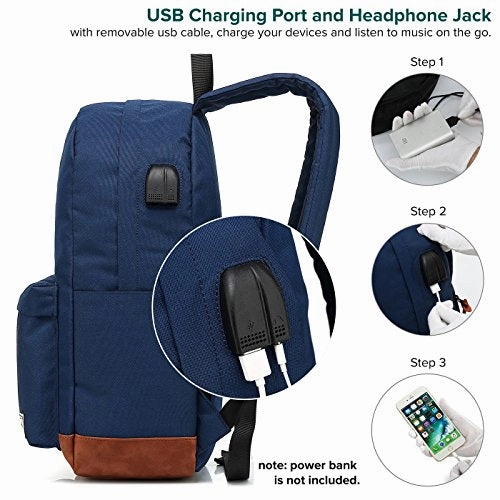 College Backpack, Water-resistent Laptop Backpack with USB Charging Port & Headphone Adapter for Men & Women Slim Anti-Theft Travel Bookbags Fits up to 14'' Computer 15'' Macbook - Blue