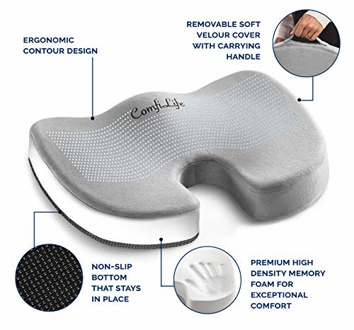 ComfiLife Premium Comfort Seat Cushion - Non-Slip Orthopedic 100% Memory Foam Coccyx Cushion for Tailbone Pain - Cushion for Office Chair Car Seat - Back Pain & Sciatica Relief
