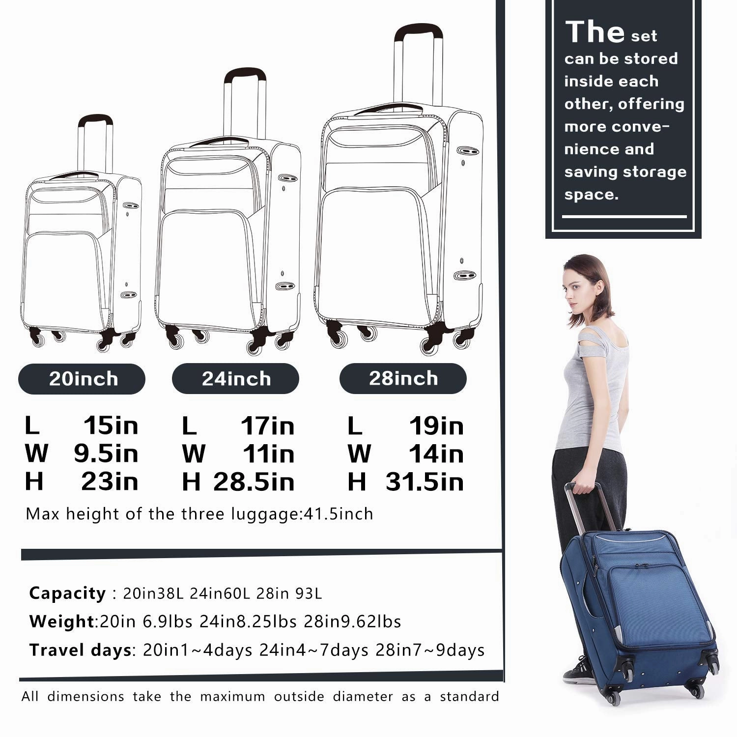 Coolife Luggage 3 Piece Set Suitcase Spinner Softshell lightweight (blue sliver)