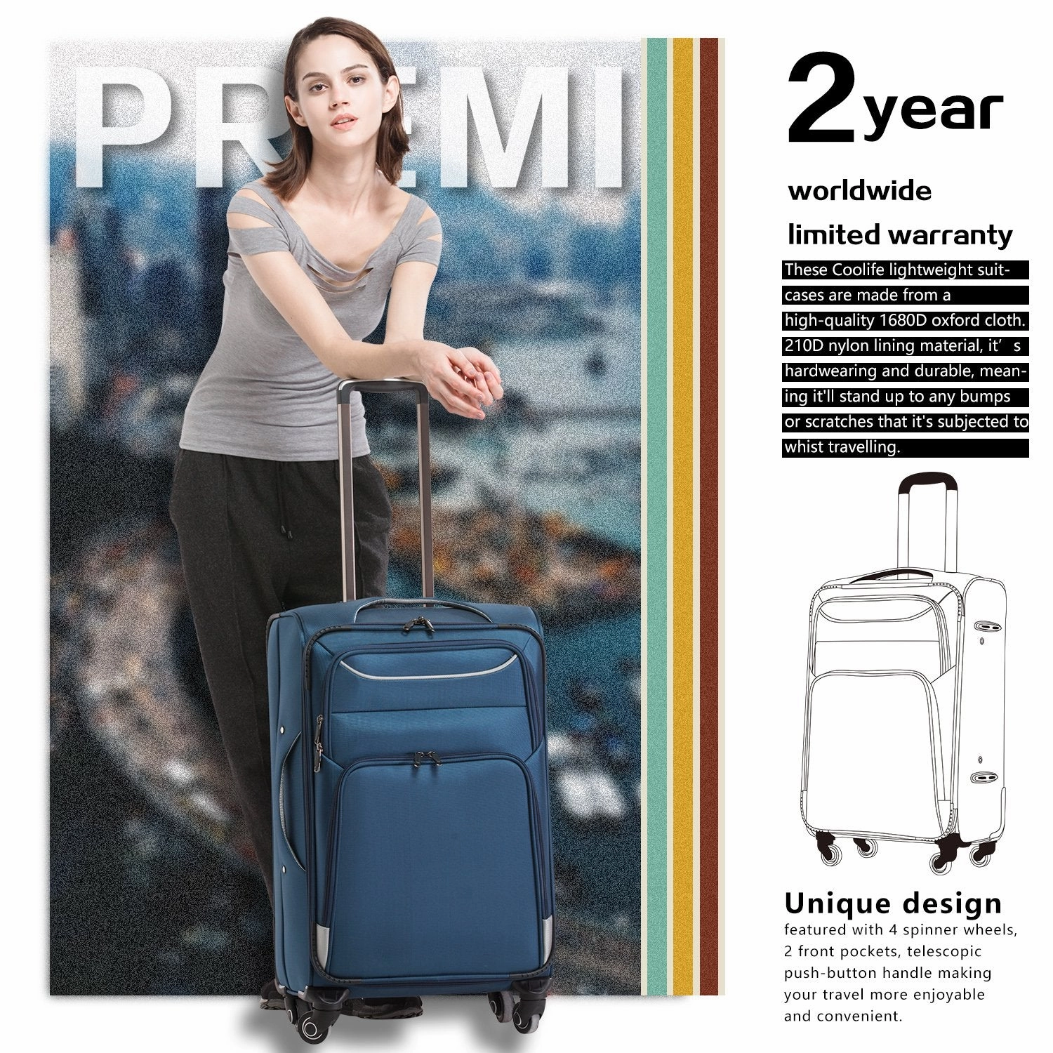 Coolife Luggage 3 Piece Set Suitcase Spinner Softshell lightweight (blue sliver)