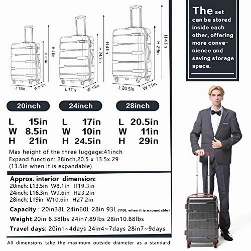 Coolife Luggage Expandable 3 Piece Sets PC ABS Spinner Suitcase 20 inch 24 inch 28 inch (Charcoal new)