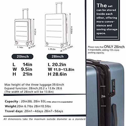 COOLIFE Luggage Suitcase Piece Set Carry On ABS PC Spinner Trolley with Laptop pocket (Titanium gray, 20in(carry on))