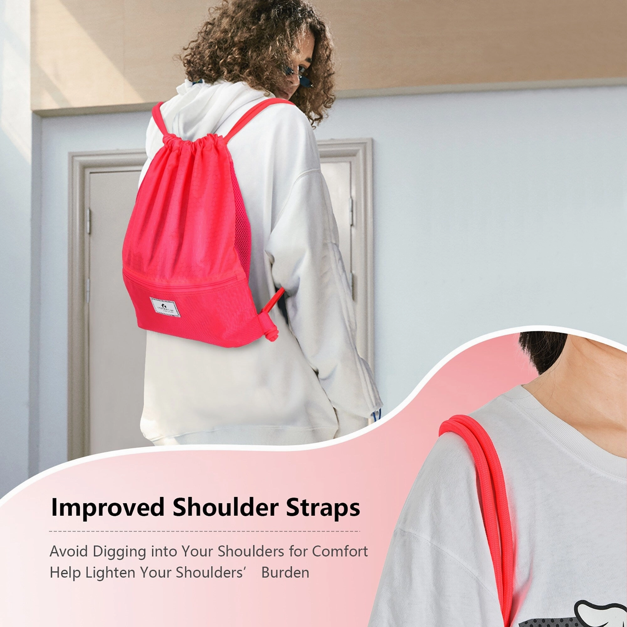 Costway Drawstring Backpack String Bag Folding Sports Sack w/Zipper - See details