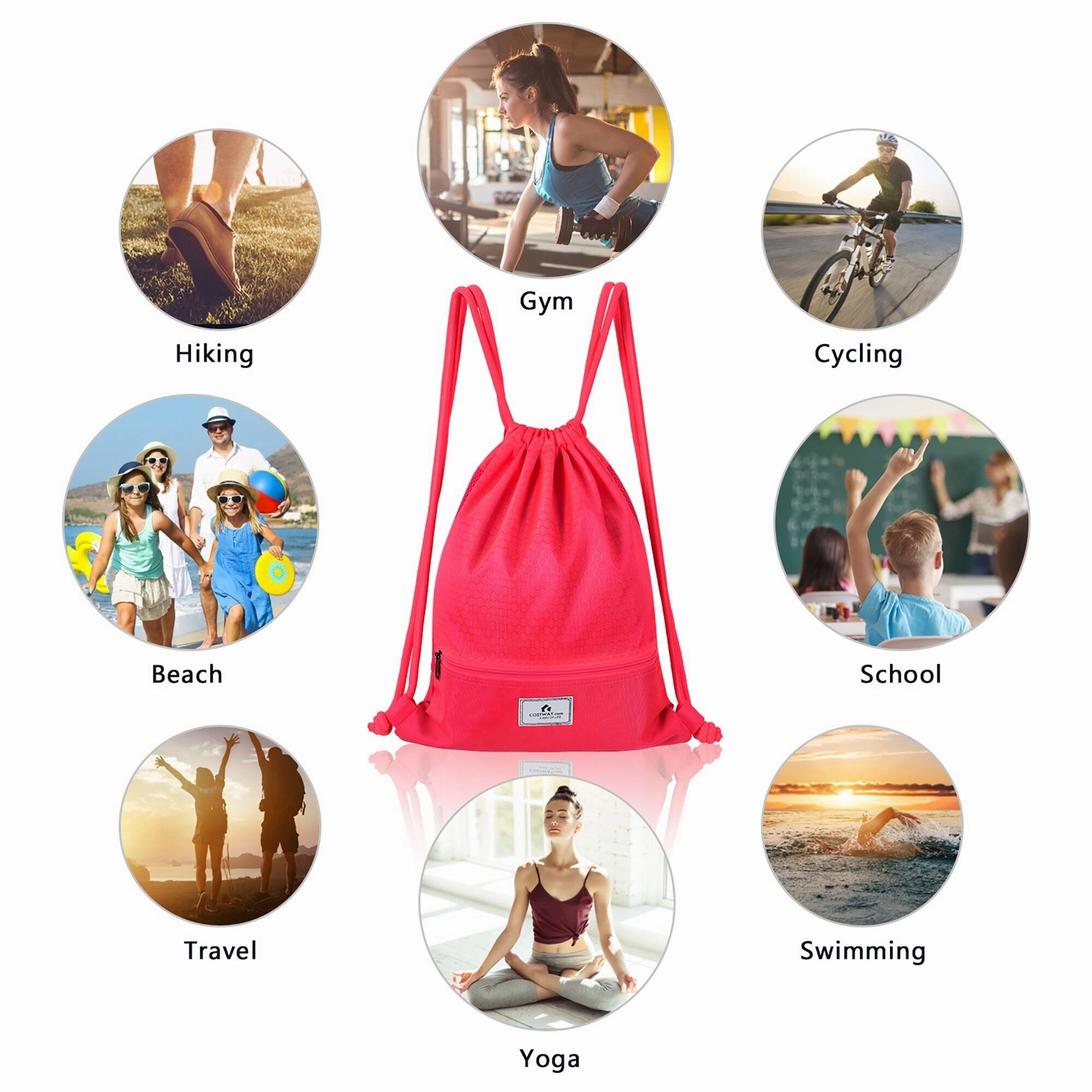 Costway Drawstring Backpack String Bag Folding Sports Sack w/Zipper - See details