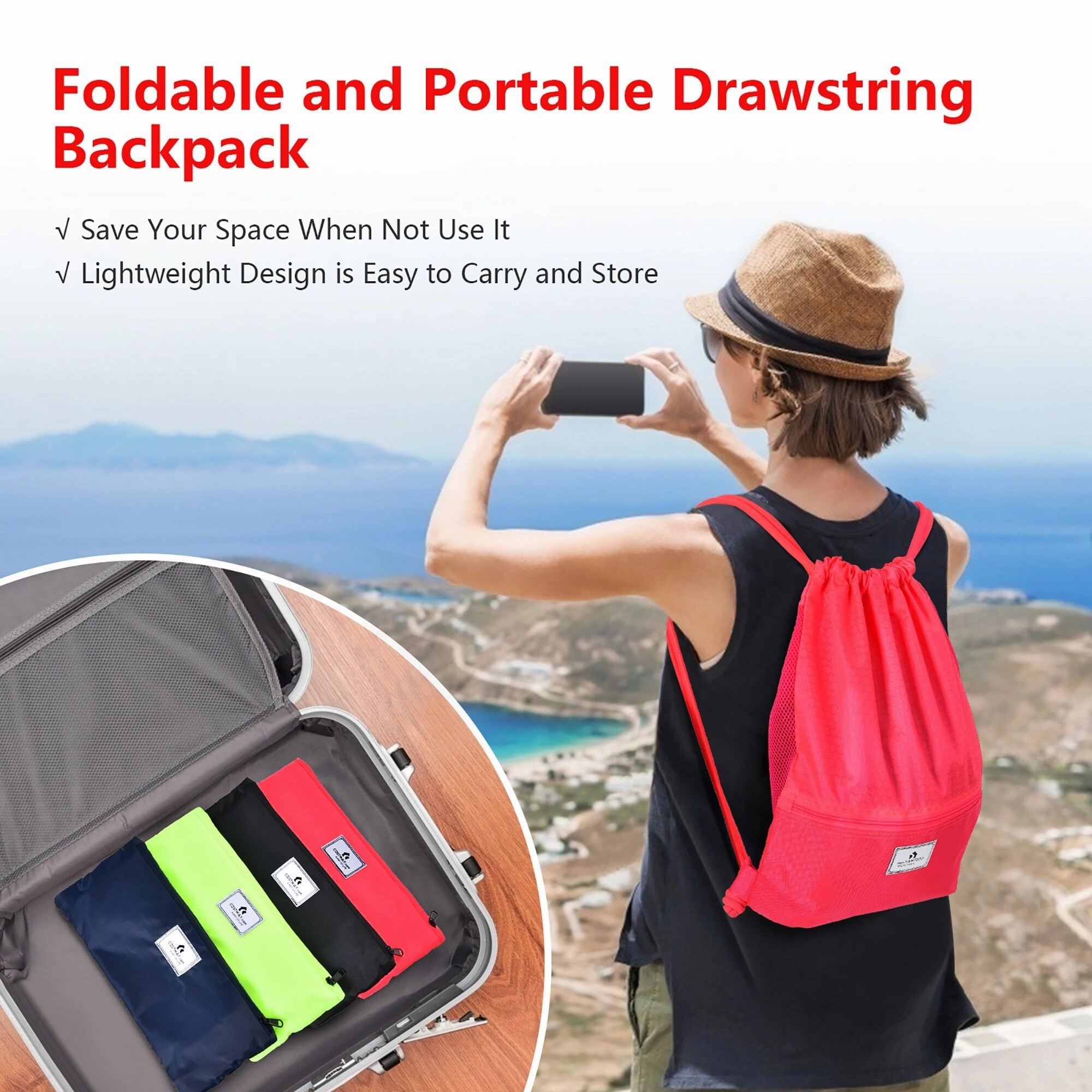 Costway Drawstring Backpack String Bag Folding Sports Sack w/Zipper - See details