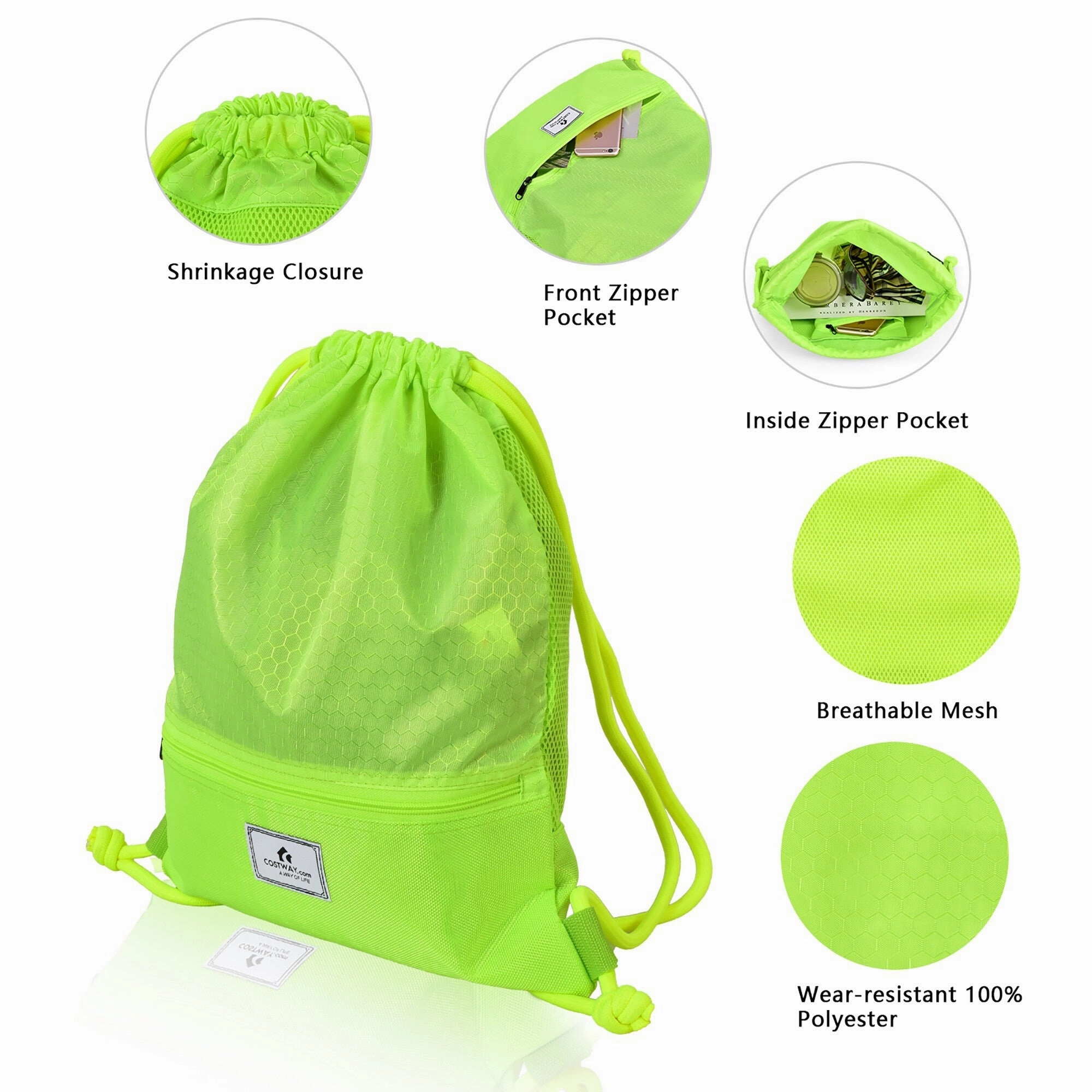 Costway Drawstring Backpack String Bag Folding Sports Sack w/Zipper - See details