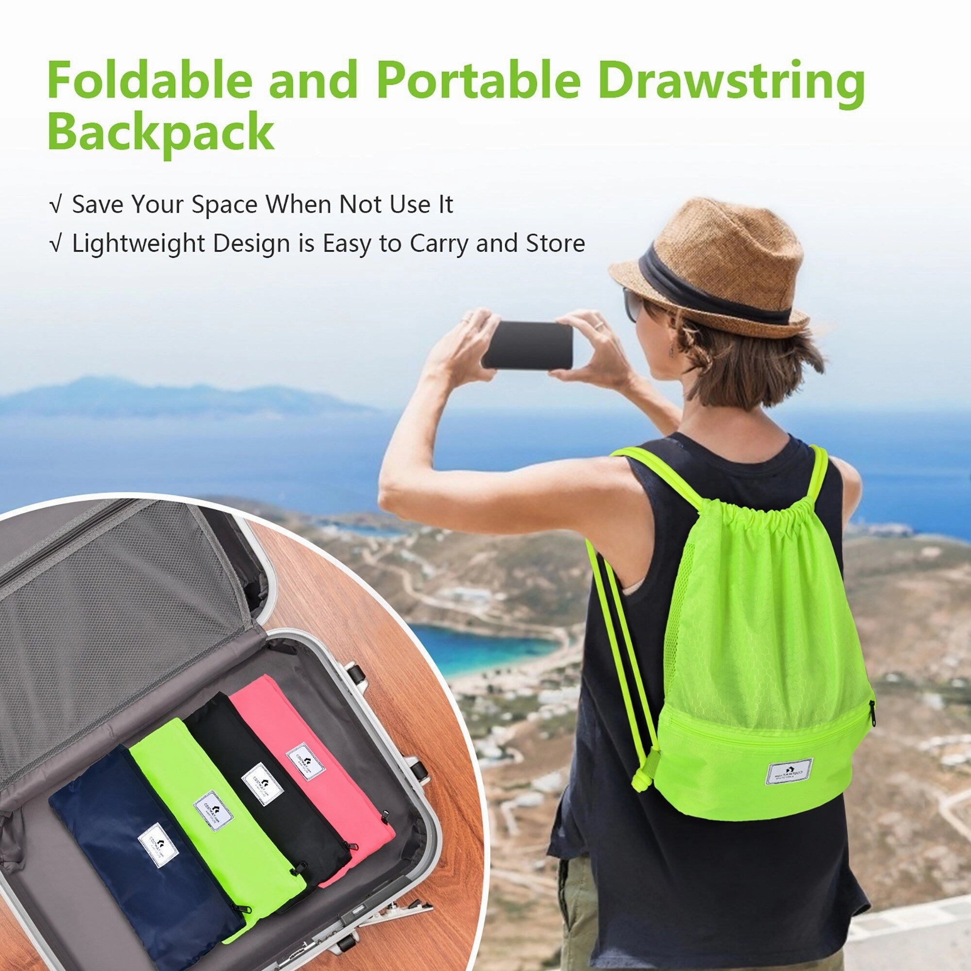 Costway Drawstring Backpack String Bag Folding Sports Sack w/Zipper - See details