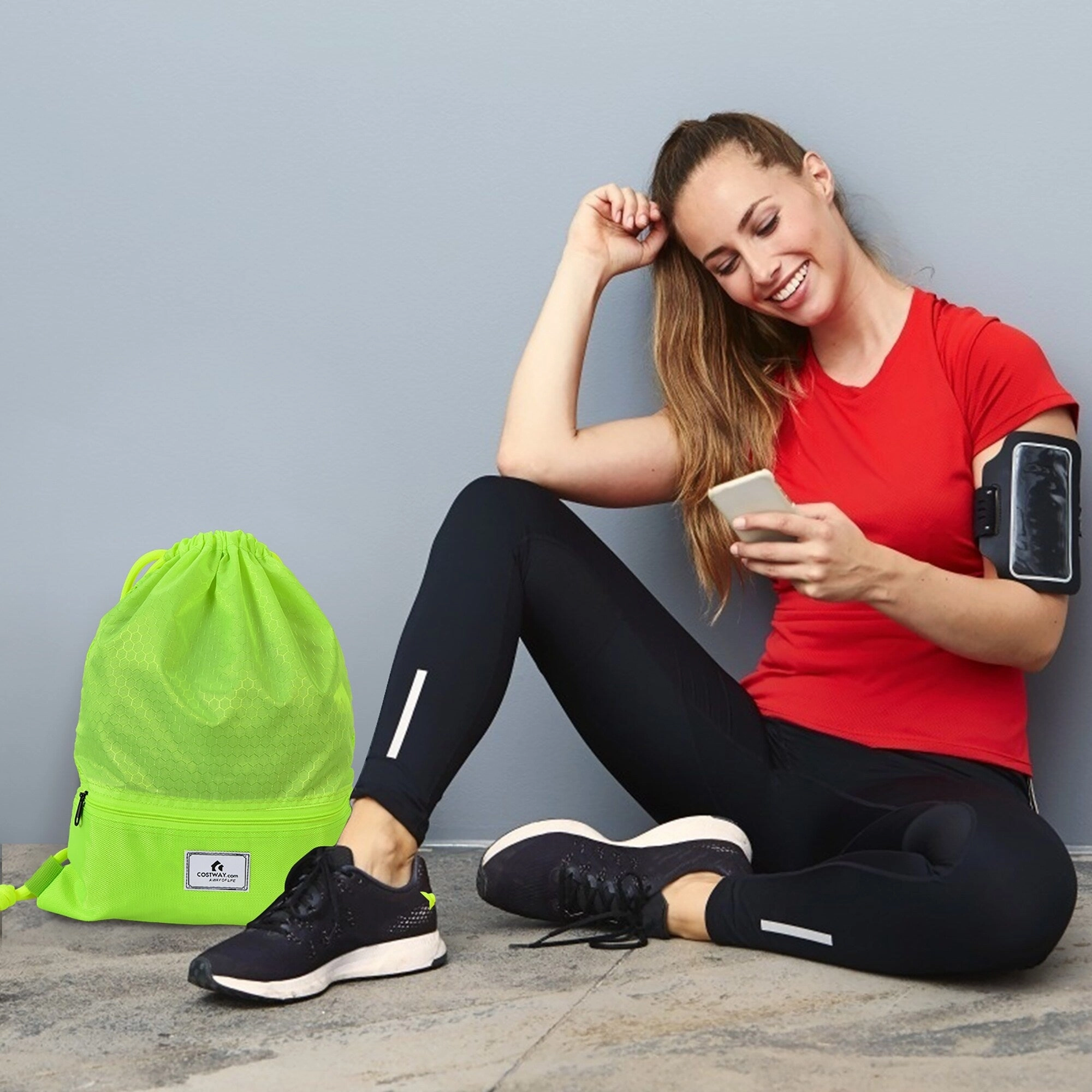 Costway Drawstring Backpack String Bag Folding Sports Sack w/Zipper - See details