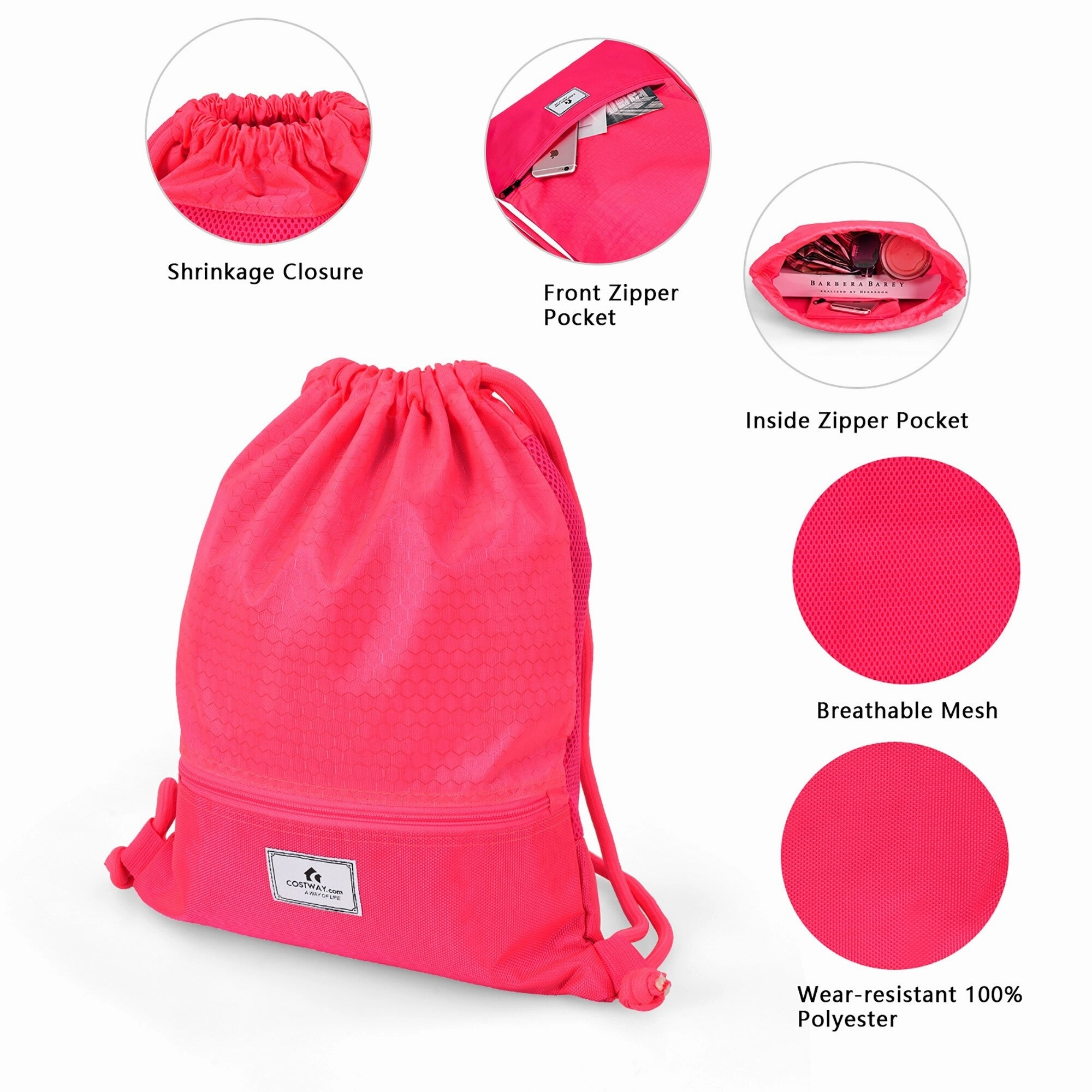 Costway Drawstring Backpack String Bag Folding Sports Sack w/Zipper - See details