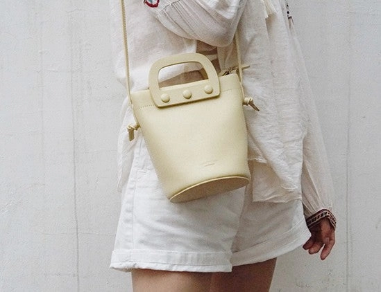 Cute Leather Yellow Womens Mini Bucket Purse Handbag Barrel Shoulder Bag for Women