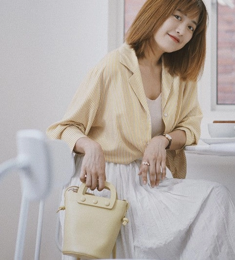 Cute Leather Yellow Womens Mini Bucket Purse Handbag Barrel Shoulder Bag for Women