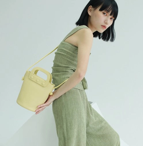 Cute Leather Yellow Womens Mini Bucket Purse Handbag Barrel Shoulder Bag for Women