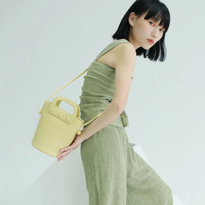 Cute Leather Yellow Womens Mini Bucket Purse Handbag Barrel Shoulder Bag for Women