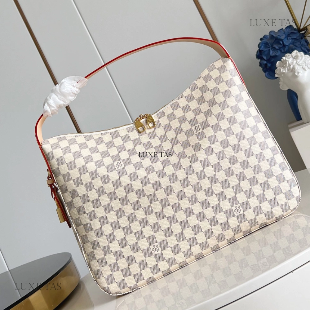 Damier Azur Slouchy MM Leather Shoulder Bag for Women