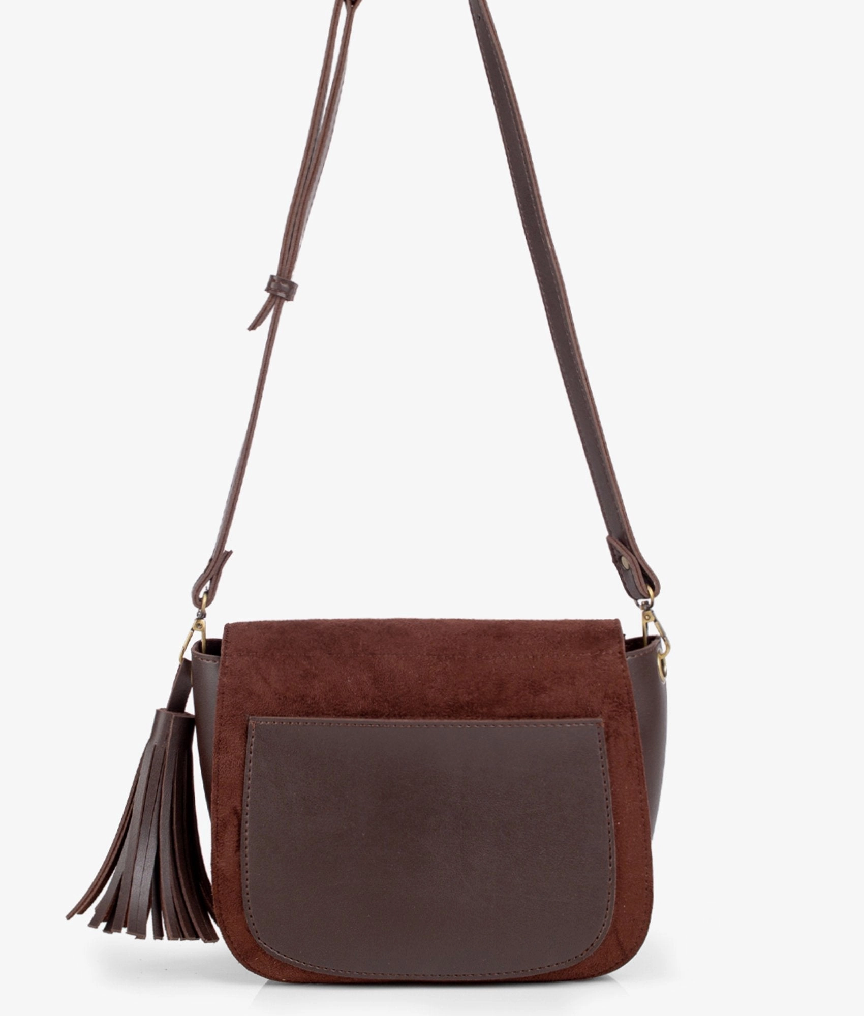 Dark brown suede foldover saddle bag