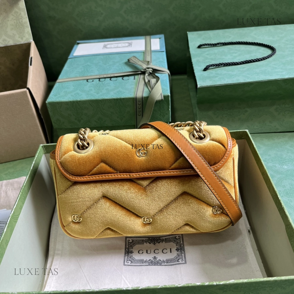 Dark Yellow Quilted Chevron Velvet GG Marmont Mini Shoulder Bag Leather Shoulder Bag for Women