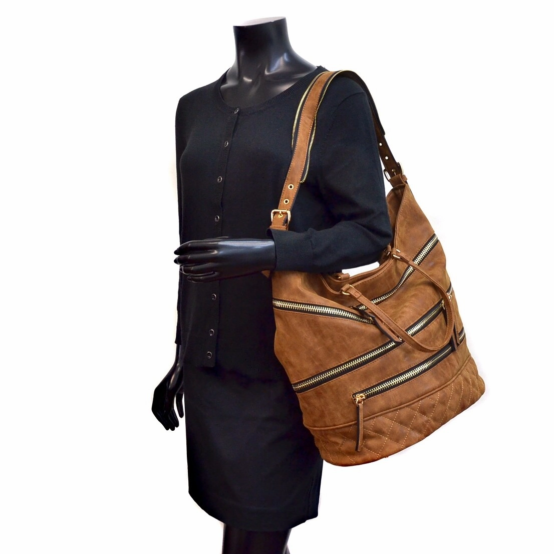 Dasein Gold Quilted Hobo Bag Faux Leather Zip Front Shoulder Strap 17X13.5X8