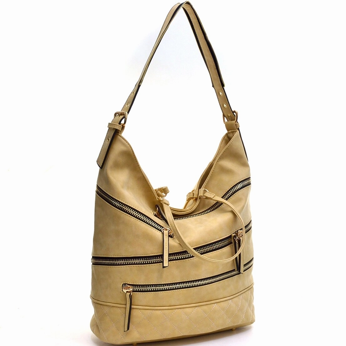 Dasein Gold Quilted Hobo Bag Faux Leather Zip Front Shoulder Strap 17X13.5X8