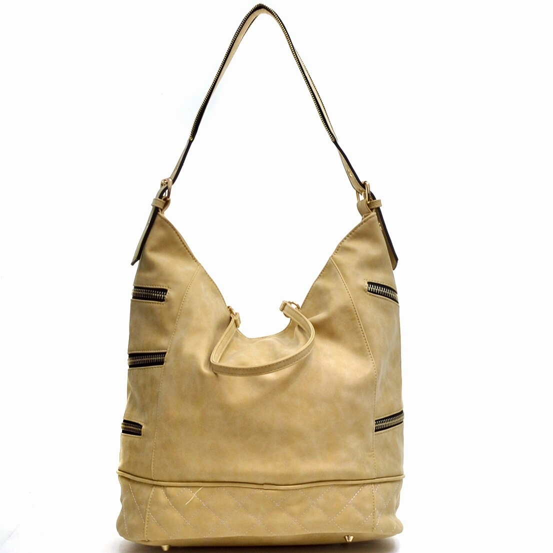 Dasein Gold Quilted Hobo Bag Faux Leather Zip Front Shoulder Strap 17X13.5X8