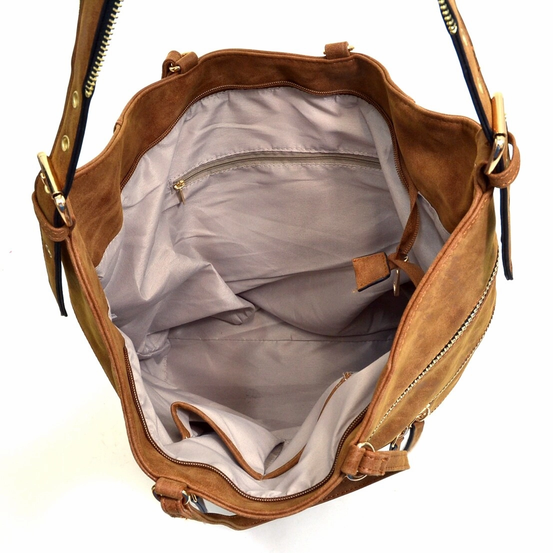 Dasein Gold Quilted Hobo Bag Faux Leather Zip Front Shoulder Strap 17X13.5X8