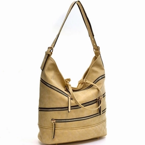 Dasein Gold Quilted Hobo Bag Faux Leather Zip Front Shoulder Strap 17X13.5X8