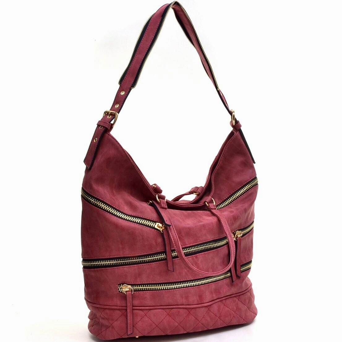 Dasein Gold Quilted Hobo Bag Faux Leather Zip Front Shoulder Strap 17X13.5X8