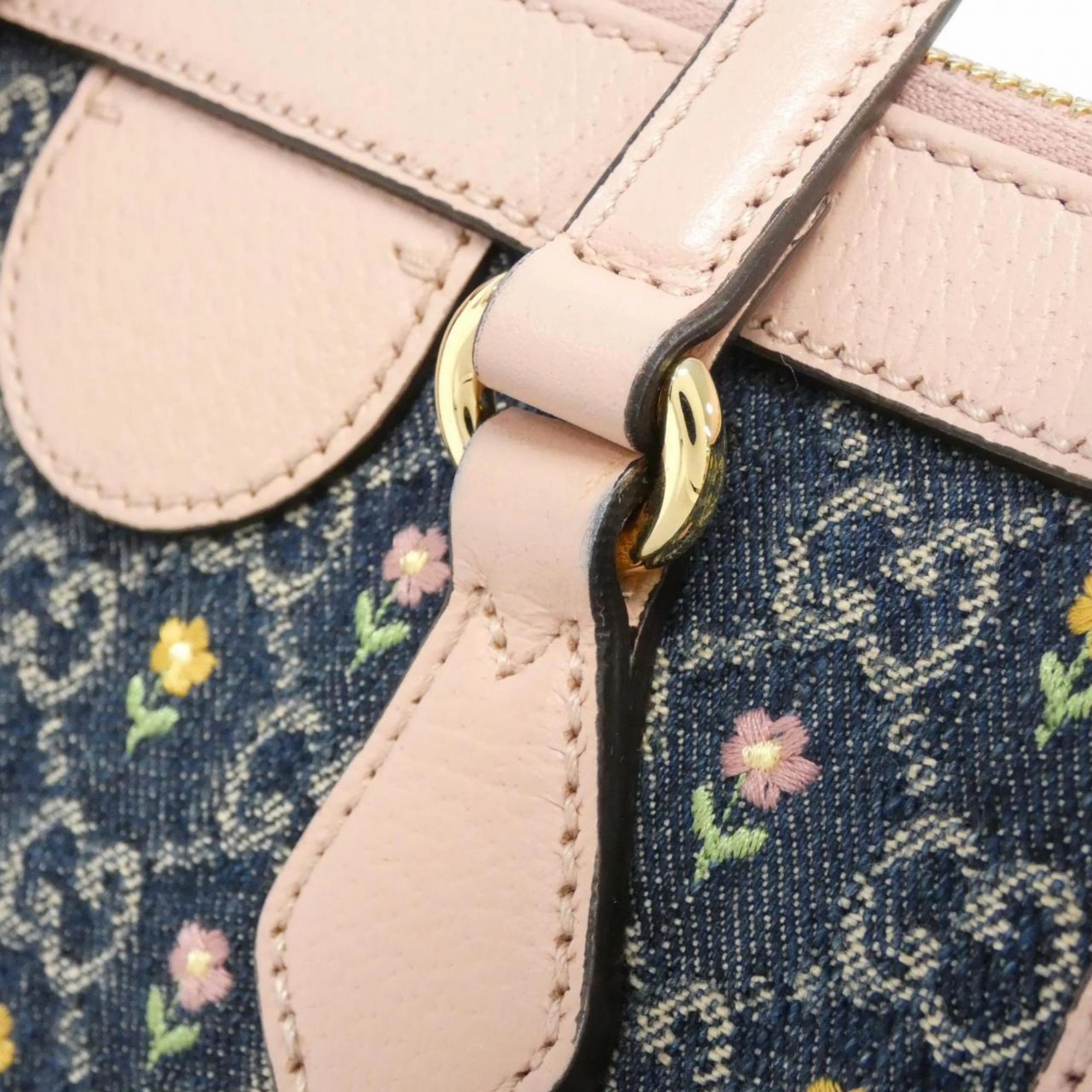 Denim Shoulder Bag with Strap and Metal Fittings
